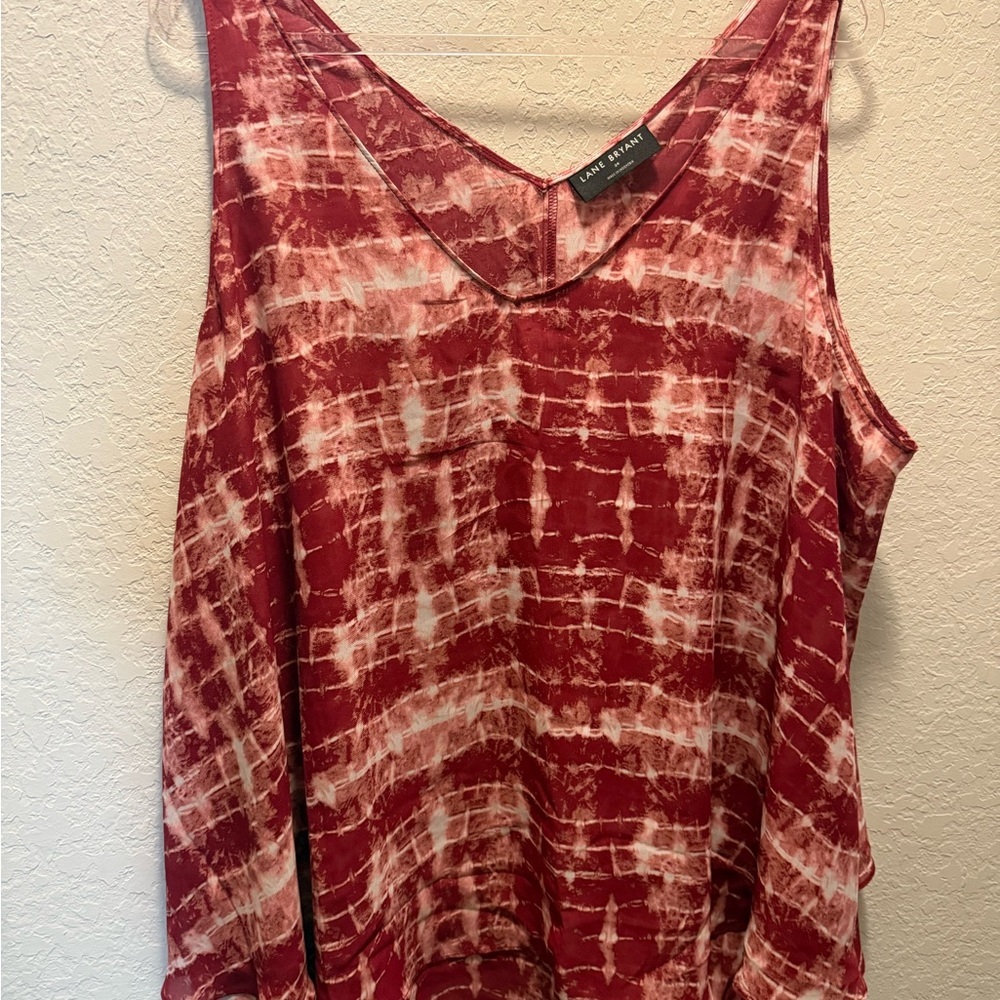 Lane Bryant Red Tie-Dye V-Neck Double layer Chiffon tank Top Size 24
